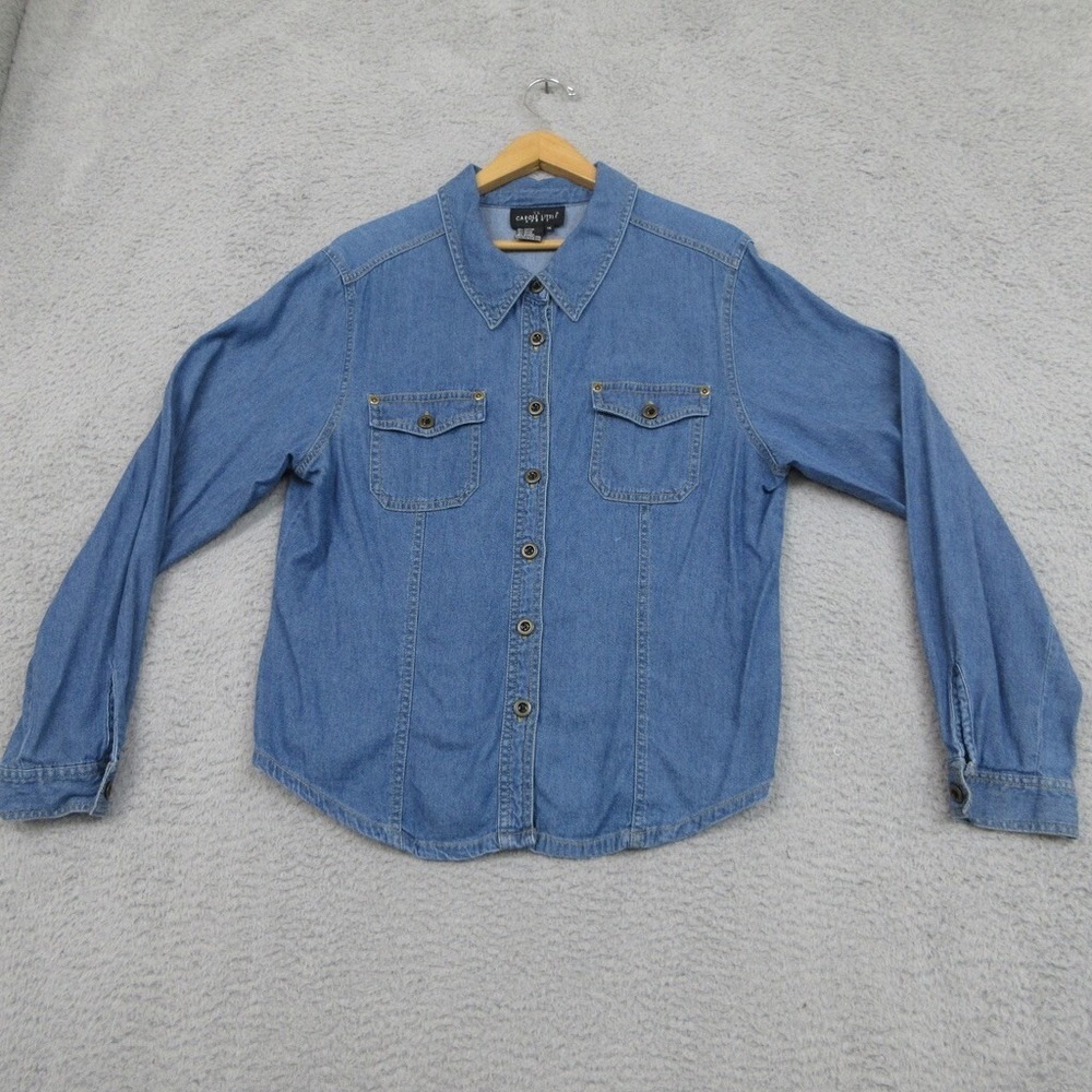 Vintage 90s Carole Little Chambray Denim Shirt Women 14 Blue Buttoned Utility